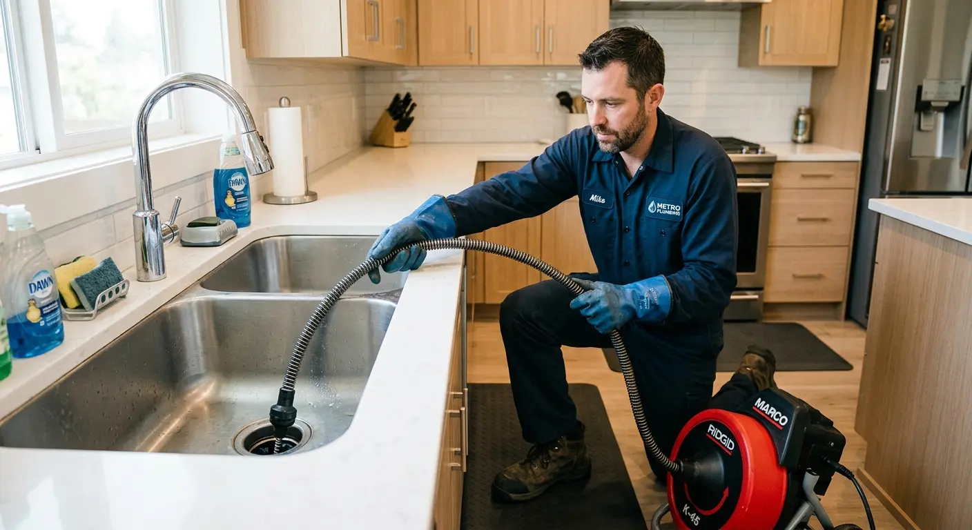 Drain cleaning technician using a motorized snake on a kitchen sink in Ruskin