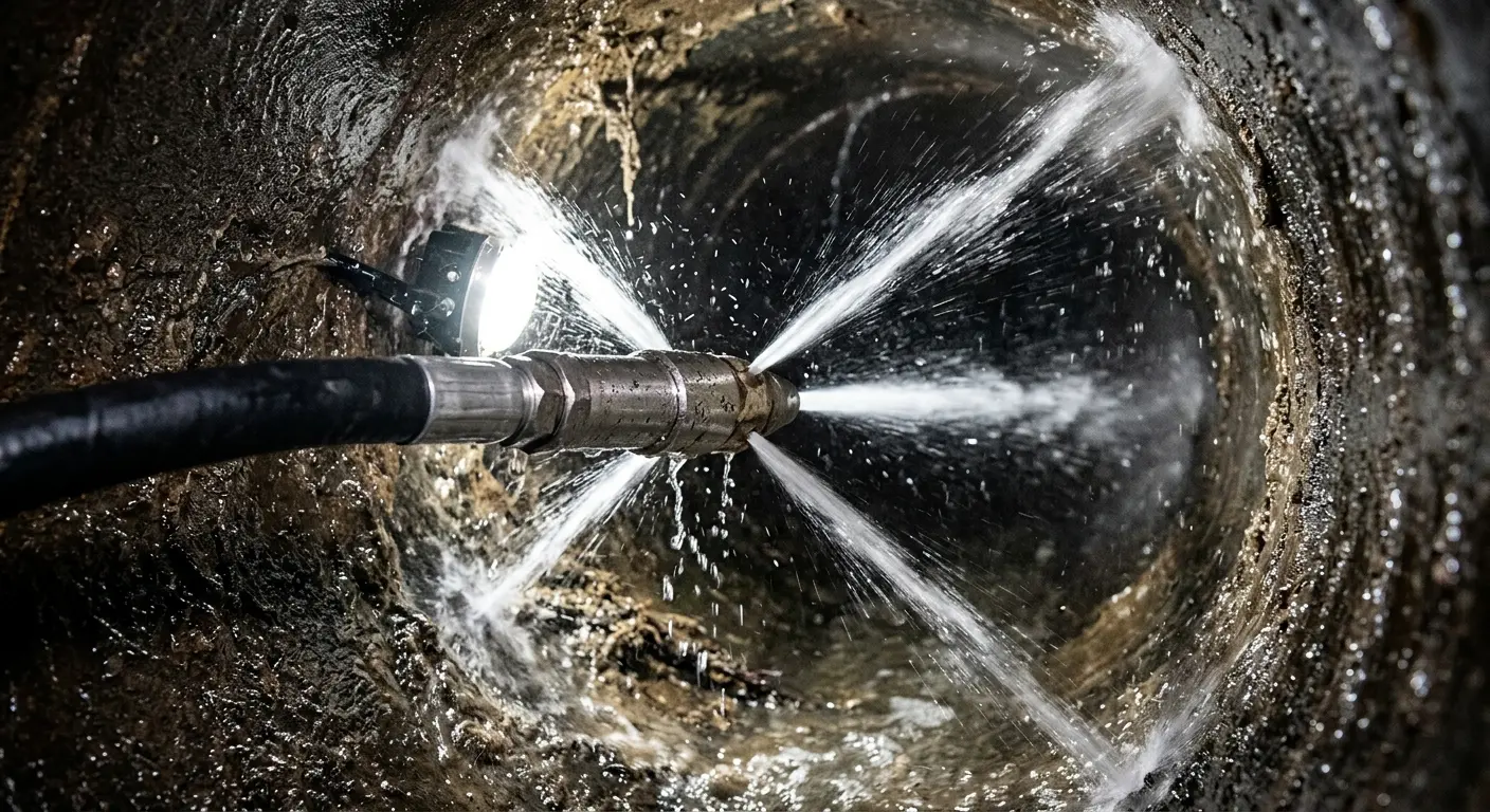 High-pressure hydro jetting nozzle cleaning sewer pipe for Trenchless Sewer Repair in Ruskin
