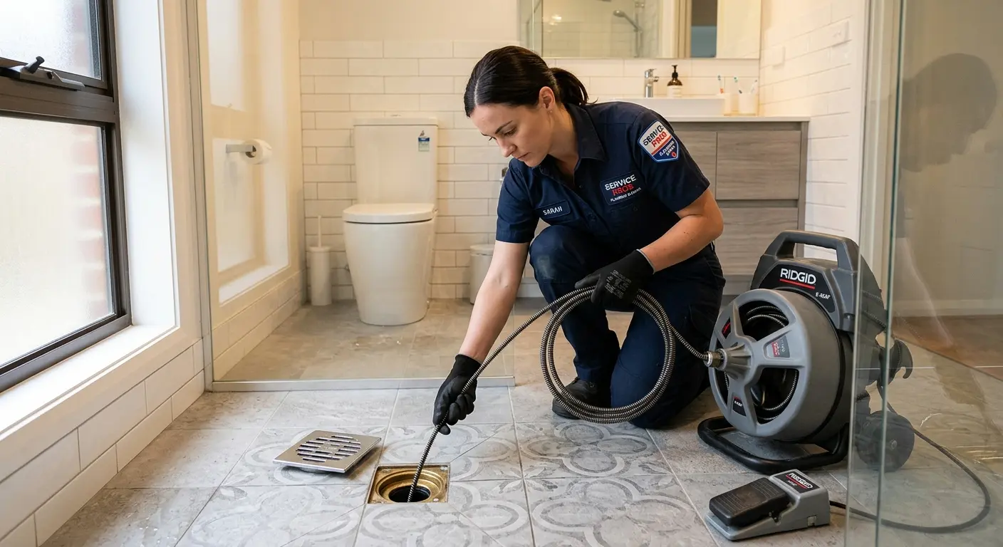 Technician clearing a bathroom floor drain for Sewer Line Installation in Ruskin